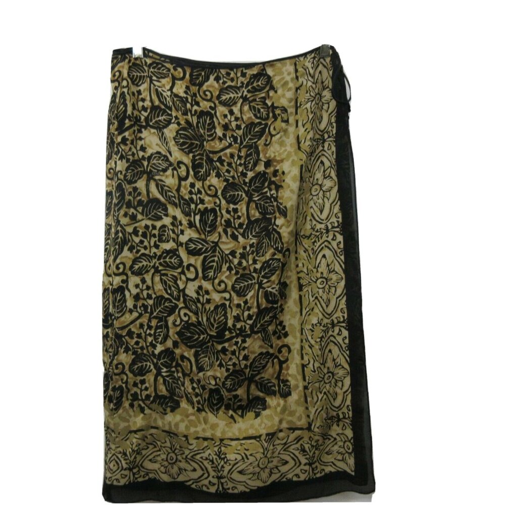 VTG Maxi Long Wrap Skirt Size Med. Black Beige Fauna Print Side Button/Tie Lined
